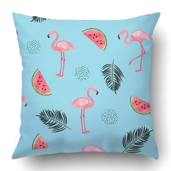 BSDHOME Flamingos Watermelon And Palm Leaves On Blue Summer Pillowcase Pillow Cushion Cover 20x20 inch