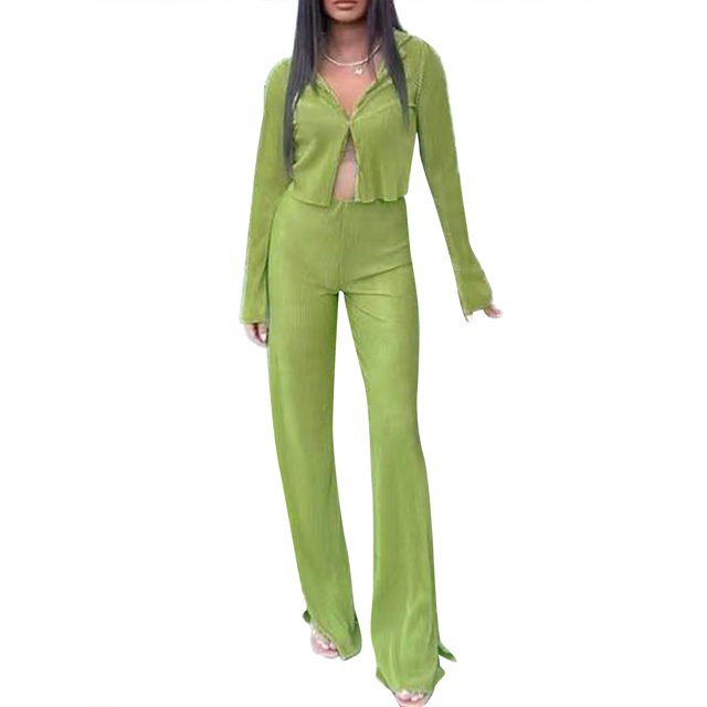 VISgogo, traje informal para mujer, pantalones, traje de Color sólido, manga larga, cuello en V, Tops, cintura alta, pantalones de pierna ancha VISgogo moda