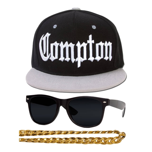 Compton 80s Rapper Costume Kit Flat Bill Hat w Sunglasses, Chain - Black Grey