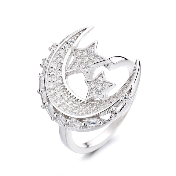 14K White Gold Plated Moon and Stars Ring with crystals