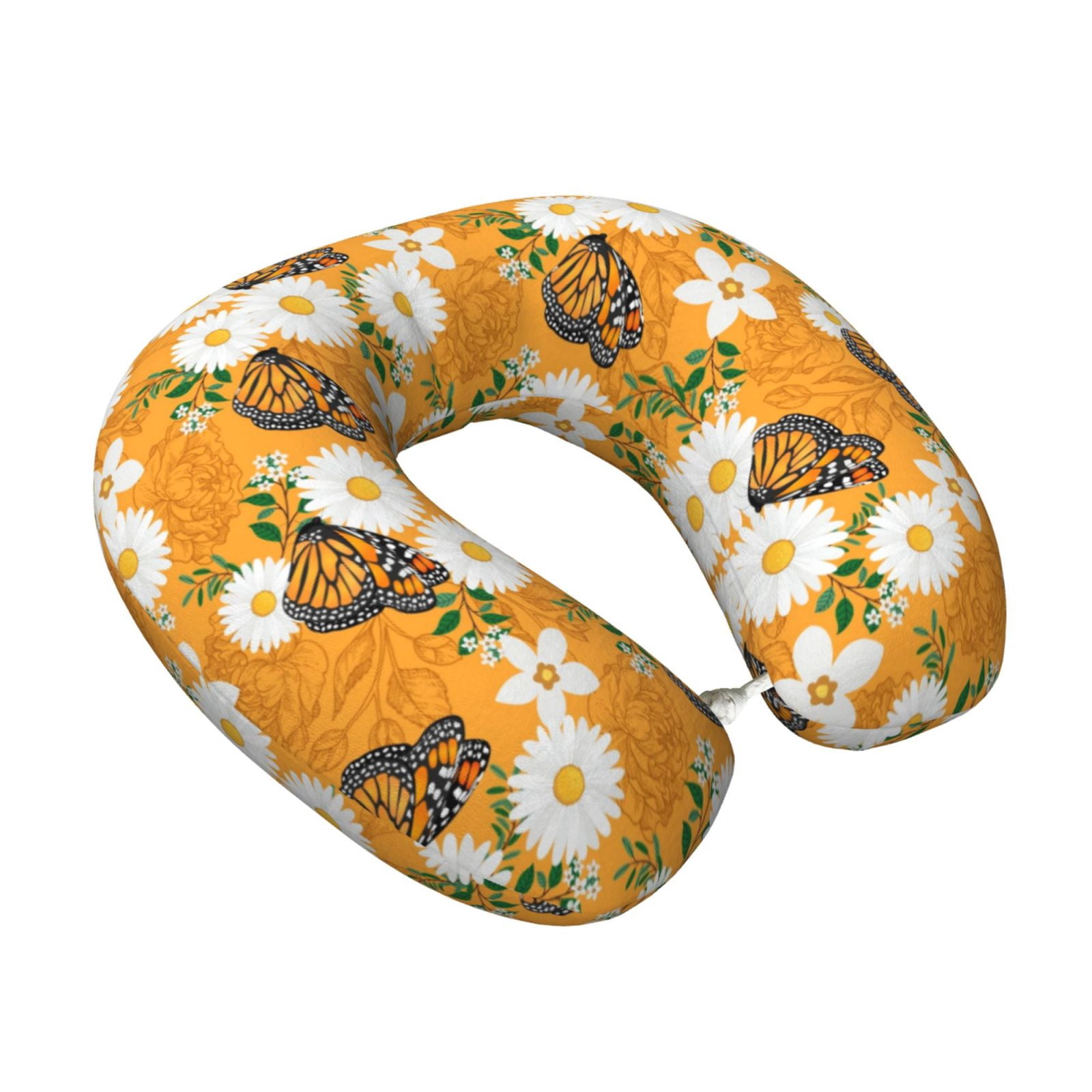 Xecao White Floral and Butterflies Print Memory Foam Cervical Neck Pillow Versatile U-Shaped Pillows for Home,Office,Camping,Travelling,Soft Washable Cover
