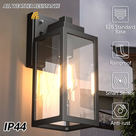 GEYANG Outdoor Wall Mount Light Fixture, Exterior Wall Lantern Waterproof, Black Outside Porch Sconce Lighting with Matte Black Finish & Glass Shade for House Garage Doorway Patio, E26 Socket