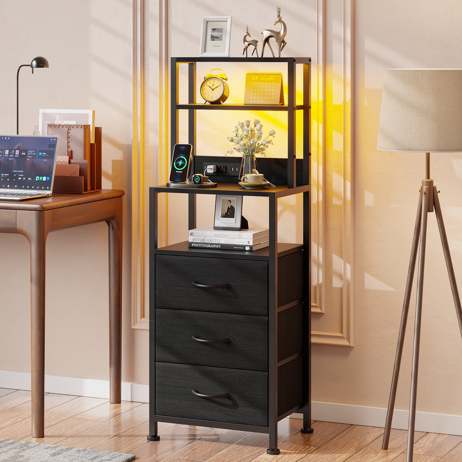 Satifur Tall LED Nightstand,Bedside Table with Charging Station,3 Fabric Drawers & Shelfs for Bedroom Living Room,Black Oak