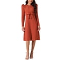 thumbnail image 1 of Vestidos de suéter de manga larga con volantes para mujer INSPIRE CHIC, cuello redondo, cintura con lazo, corte A, estilo casual, tejido de canalé, midi, talla XL, rojo ladrillo, 1 of 5