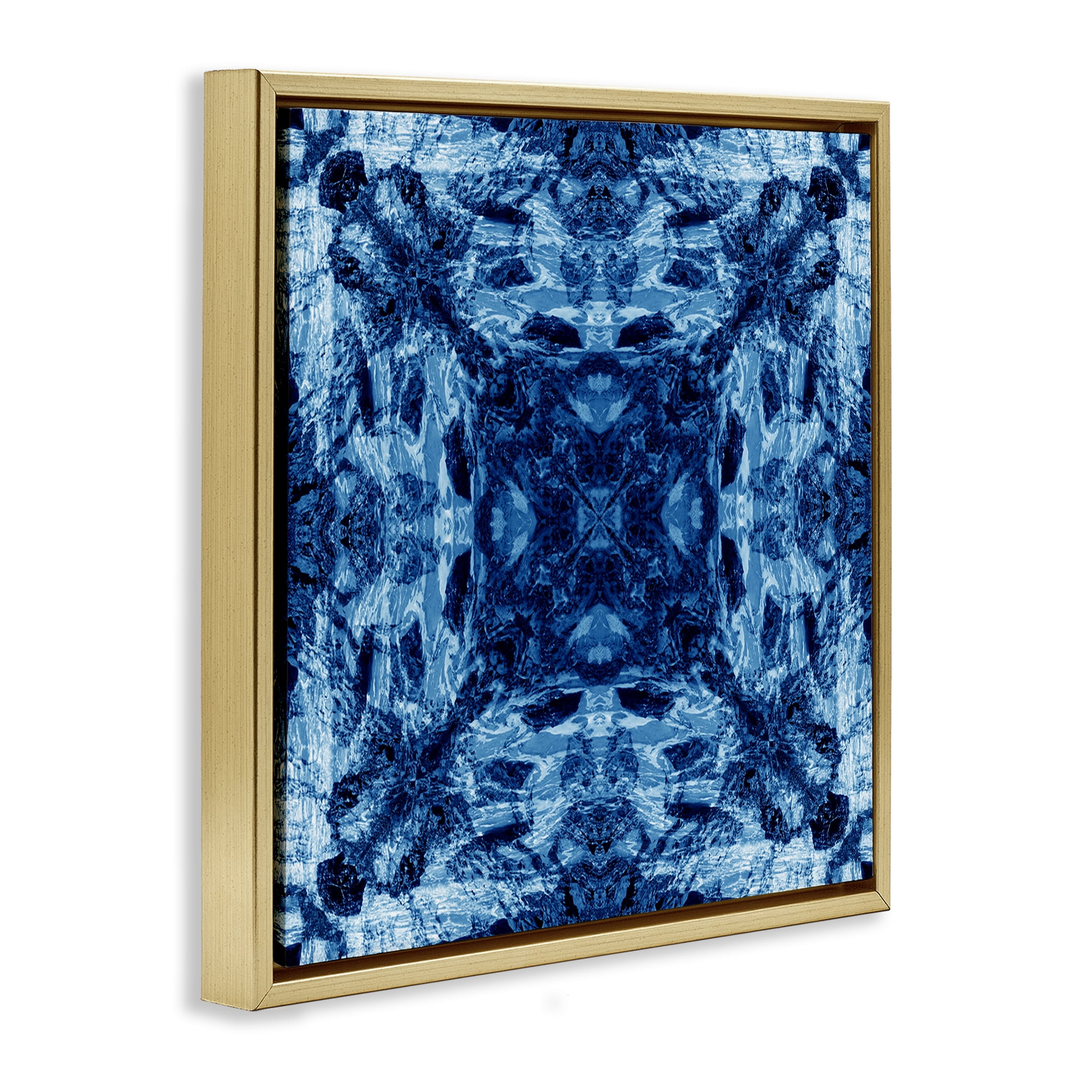 Stupell Industries Blue Tie Dye Symmetry Abstract Painting Gold Floater Framed Canvas Art Print Wall Art, 18 x 18