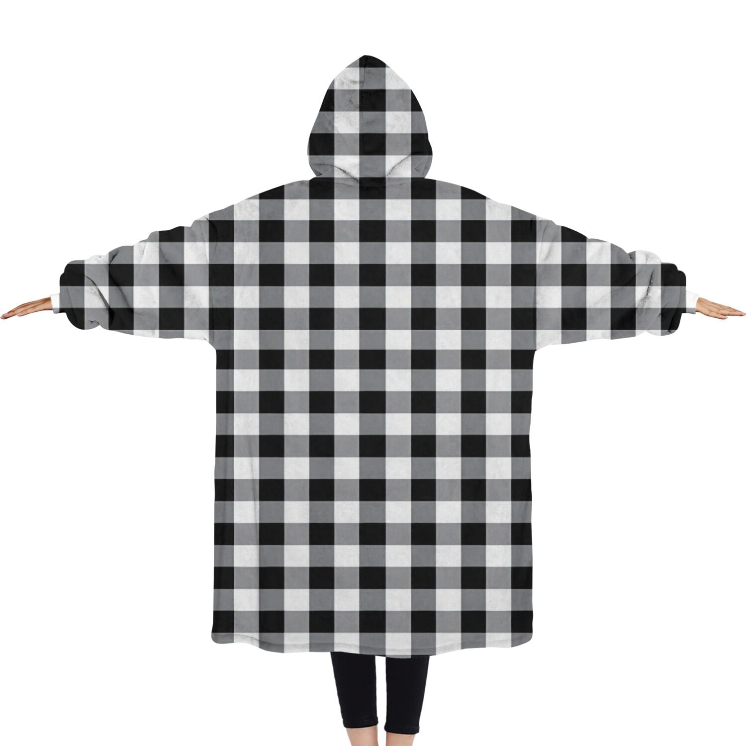 Oversized Wearable Blanket Hoodie,Black White and Gray Checkerboard Pattern Sherpa Blanket Hoodie with Super Pockets,Super Warm Fuzzy Pullover for Women & Men