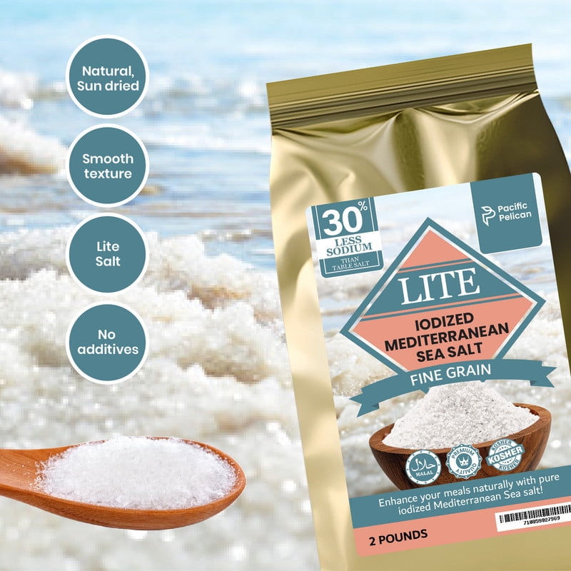 Pacific Pelican 30% Less Sodium Mediterranean Lite Sea Salt, (Iodized) Fine Grain,100% Natural, Organic, Fine Grain, 2 Pounds