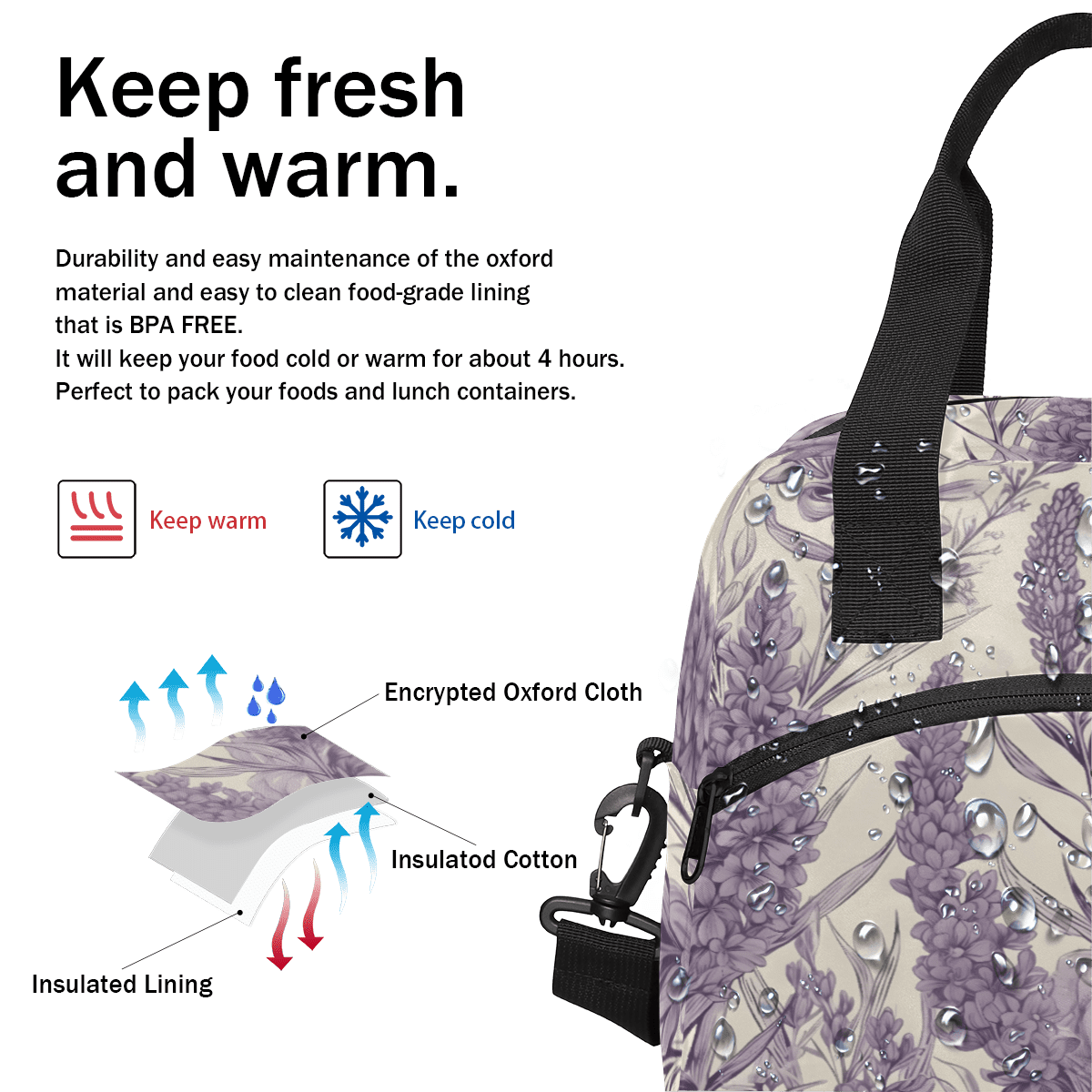 Herdesigns Purple Lavender Flowers Insulated Lunch Bag for Women Men Adults Large Reusable Lunch Box Leakproof Portable Cooler Tote Bags with Adjustable Shoulder Strap