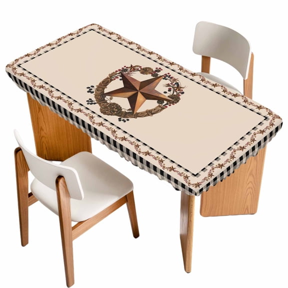 Western Texas Star Vintage Table Cloths for 3 Foot Rectangle Tables, Rustic Wreath Black Beige Plaid Patio Waterproof Elastic Fitted Tablecloths, Washable Rectangular Table Cover for Camping