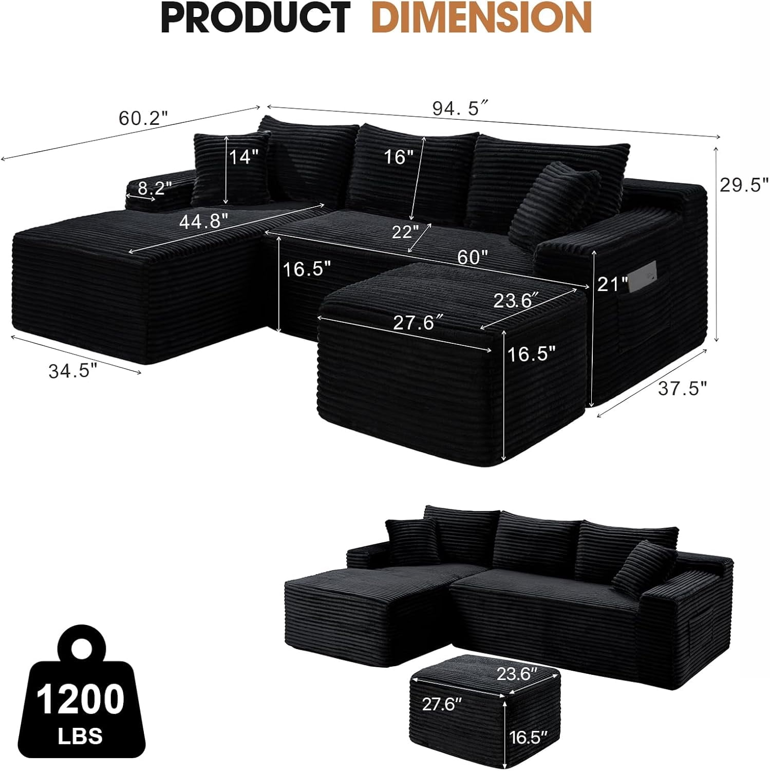 MOONMISS Small Modular Sectional Sofa with Movable Chaise and Ottoman,U-Shaped Boneless Cloud Couch for Living Room Apartment,Black(Left Facing Chaise)