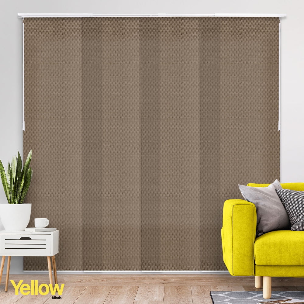 Adjustable Cordless Light Filtering Panel Track Blinds, Wilshire Truffle - 46"-86"W X 0"-96"H