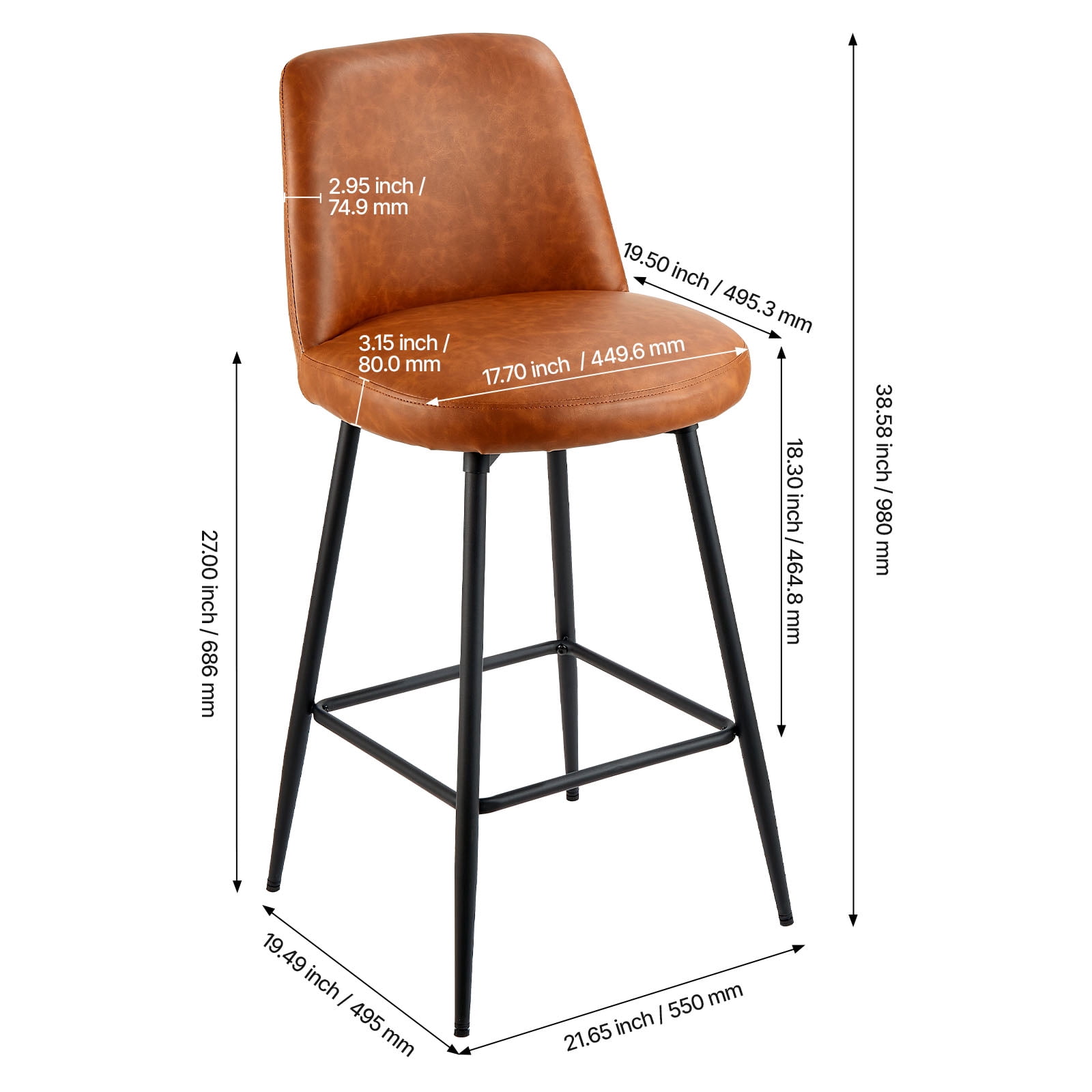 KFFKFF Set of 3 Counter Height Swivel Bar Stools, 27-Inch Modern PU Leather Chairs with Backrest and Metal Legs, Armless Design for Kitchen and Dining Room, Brown