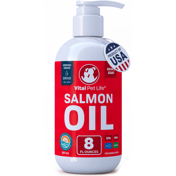 Vital Pet Life Salmon Oil for Dogs & Cats, Skin & Coat & Joint Support, Omega-3 Fish Oil, 8 oz