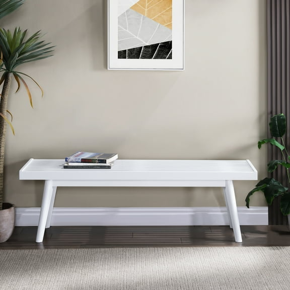 Solid Wood Slatted Bench In White, Enhances Home Function And Style Bedroom & Entryway With White Look