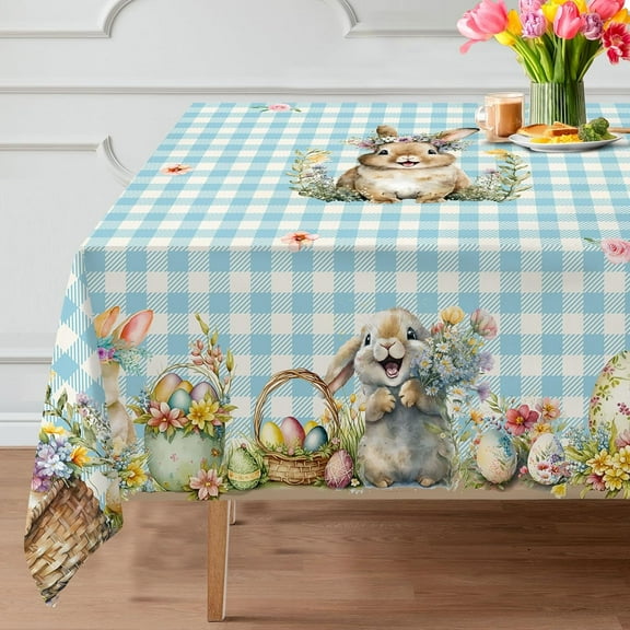 Easter Tablecloth 60x84 Inch Rectangle - Easter Decorations for The Home - Blue Plaid Water Resistant Spring Table Cloth Rectangle for Party,Table, Outdoor