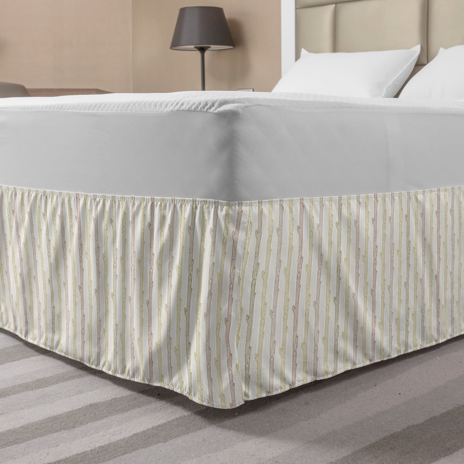 Khaki Bed Skirt, Wood Logs Branches Sticks Like Ornaments Pattern