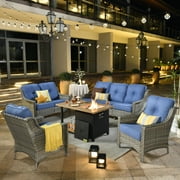 Ovios 5 Pieces High-Back Outdoor Patio Furniture with Fire Pit All Weather Wicker Conversation Furniture with Loveseat for Backyard