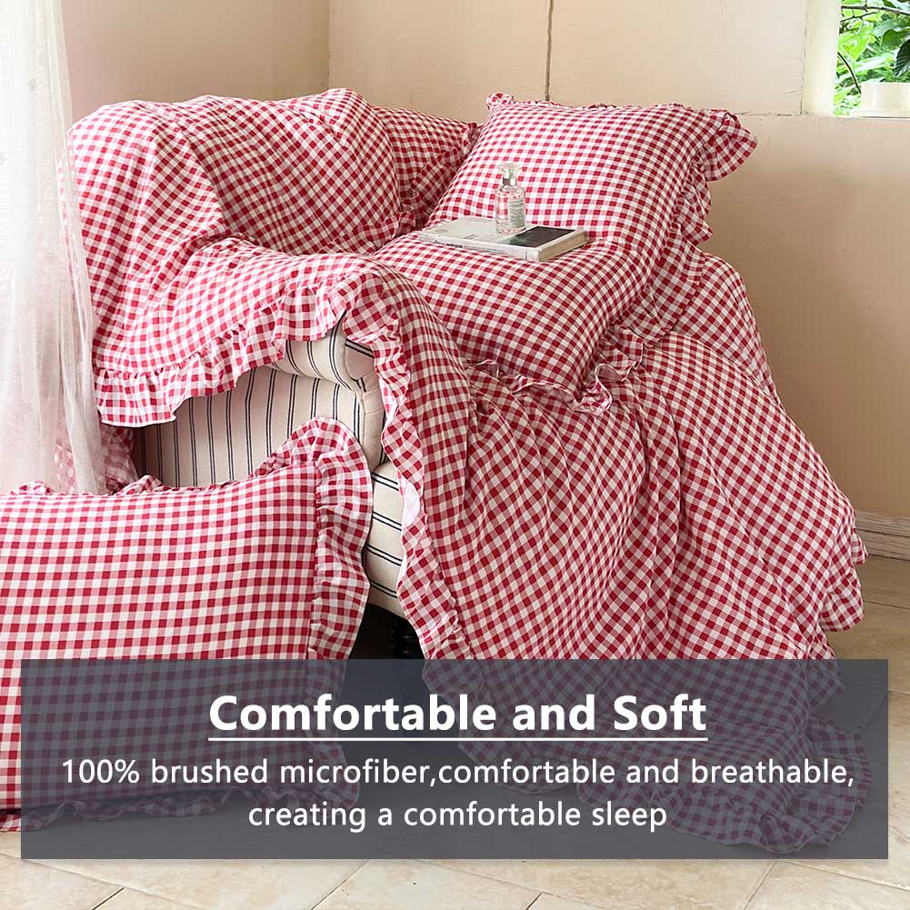 Red Gingham Ruffle King Comforter Set, Red Ruffled Plaid Bedding Set, Ruffled Checked Bed Comforter 3 Pieces(Red Gingham, King)