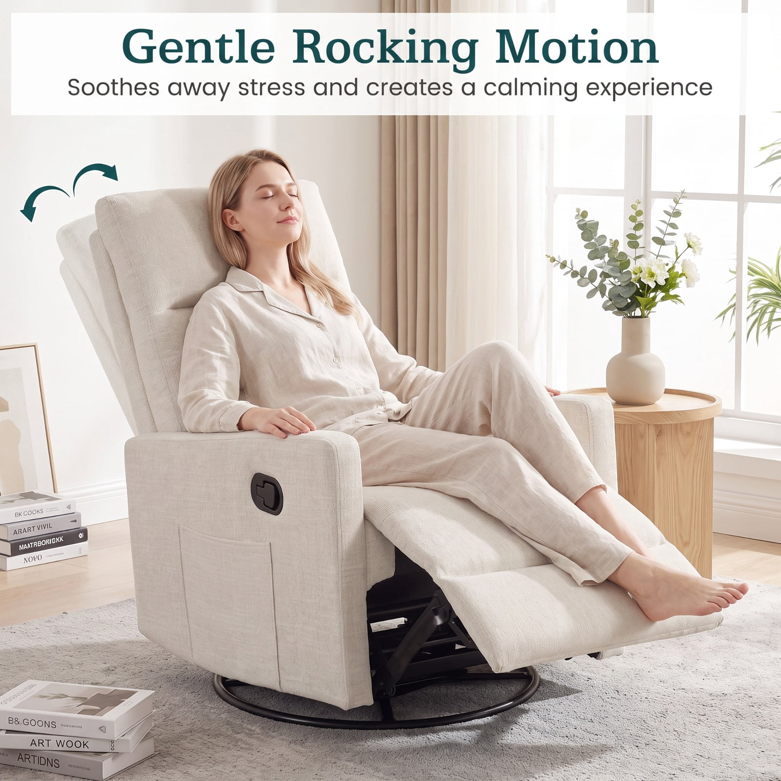 Furnibear Swivel Rocking Chair with 360 Degree Base Reclining Backrest and Extending Footrest for Nursery and Living Room, Beige