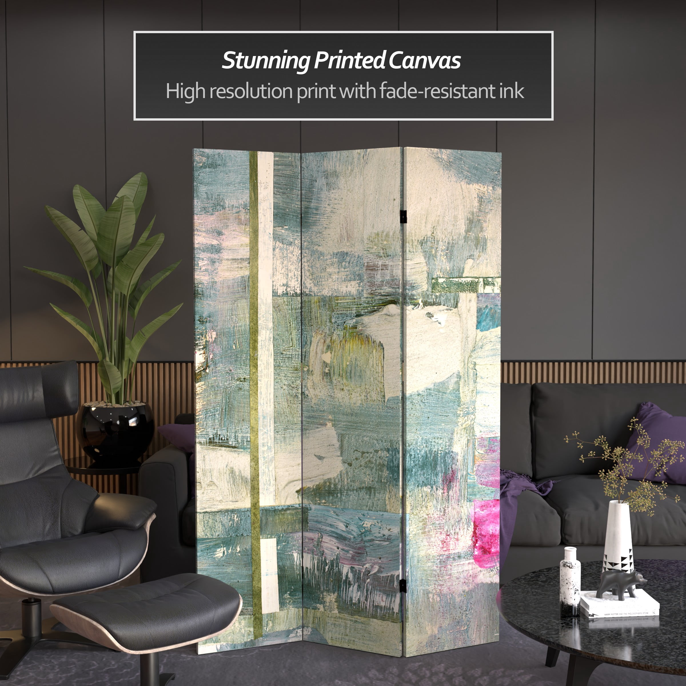 Red Lantern 6 ft. Tall Mineral Smoke Canvas Room Divider - 3 Panel, Freestanding, Gray