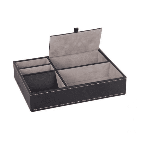 HLONK Mens Jewelry Box Premium Valet Tray with 5 Compartments Stylish Nightstand Organizer for Gift Phone Keys Wallet Black