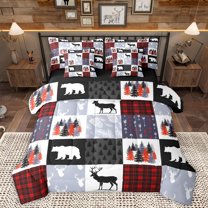 Homewish Jungle Deer Bear 7-Piece Bedding Comforter Set,Patchwork Plaid Grid King Bedding Sets,Red Gray White Bed Sheets For Boys Kids,Ultra Soft Home Decor Reversible