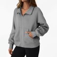 thumbnail image 6 of Womens Zip up Sweatshirt, Stand Collar Fleece Jackets No Hood, Lightweight Casual Solid Color Long Sleeve Zipper Front Fall Jackets with Pockets B-Gray S, 6 of 10