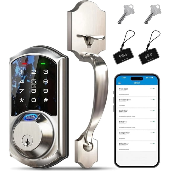 Veise Fingerprint Front Door Lock with Handle Set, App Control, Keyless Entry Keypad Deadbolt, Digital Electronic Touchscreen, Easy Install, Auto Lock, Satin Nickel