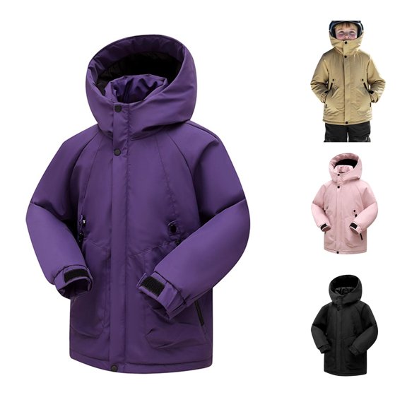Krdevn Kids Hooded Winter Jacket, Zip‑Up Thick Warm Windproof Snow Coat, Boys Girls Outdoor Insulated Parka Outerwear,Purple