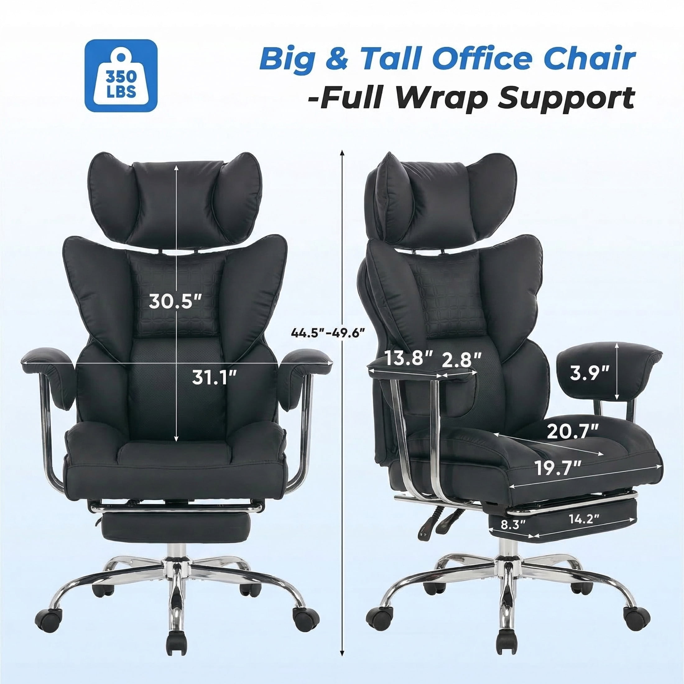 EDX Big and Tall Office Chair, Ergonomic PU Leather Executive Computer Chair with Footrest, Pocket Spring Support, 350 LBS Capacity, For Home Office, Black