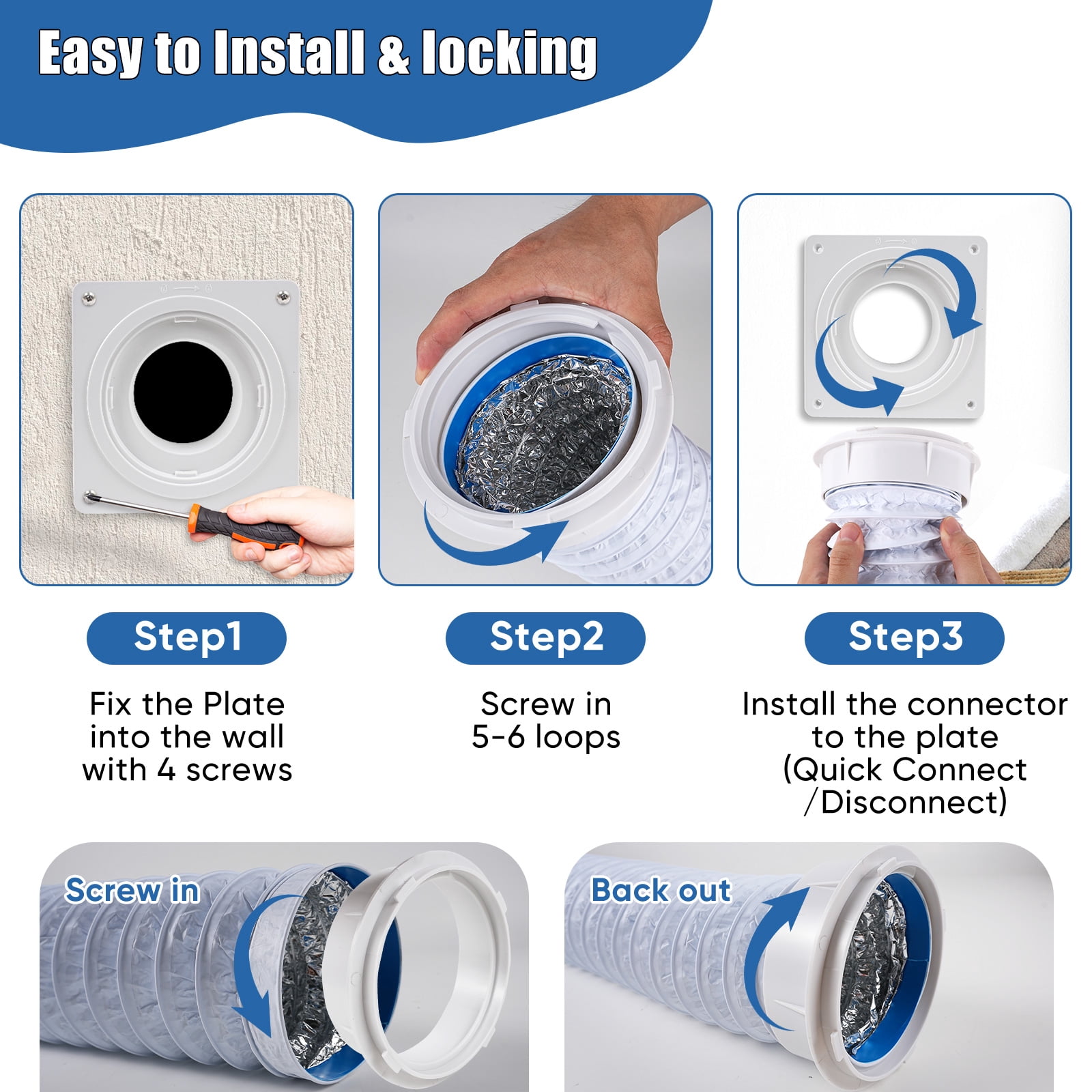 White Dryer Vent Hose Connector Kit, Dryer Vent Wall Plate with White Hose