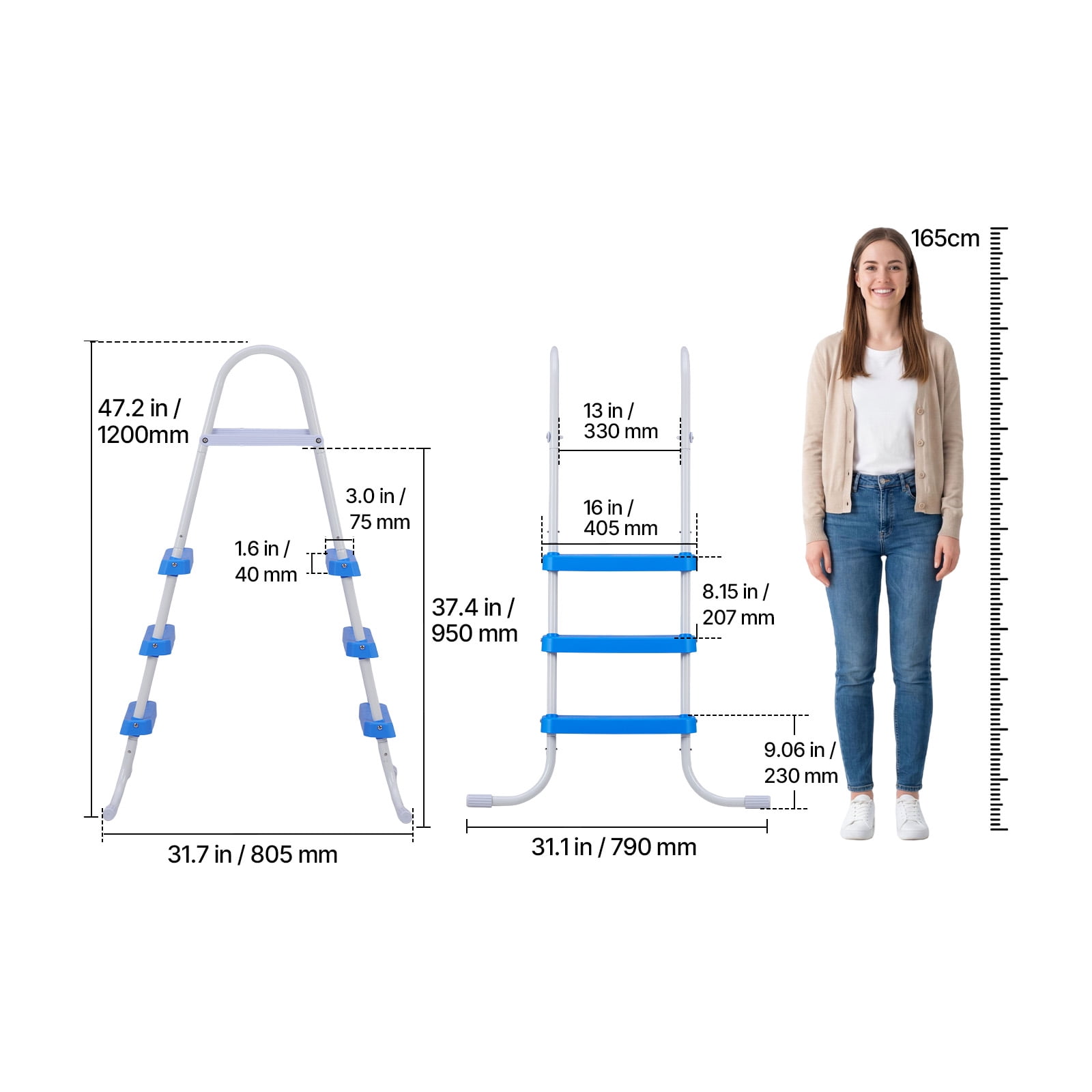 KFFKFF 3-Step Steel A-Frame Pool Ladder for Above-Ground Pools, Designed for 36-inch High Walls, 300 lbs Weight Capacity, Non-Slip Wide Steps for Safe Entry and Exit,White and Blue