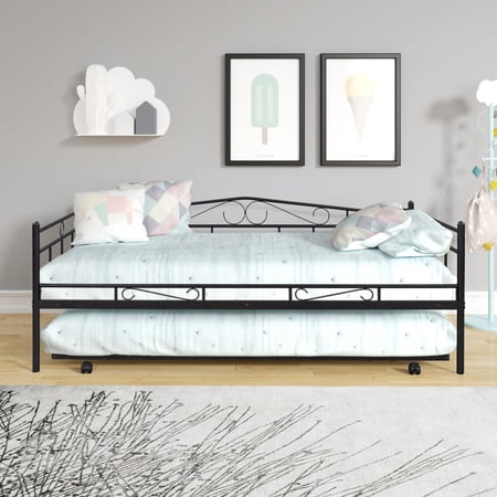 Gewnee Twin Size Metal Daybed with Rolling Out Trundle for Living Room Bedroom Black