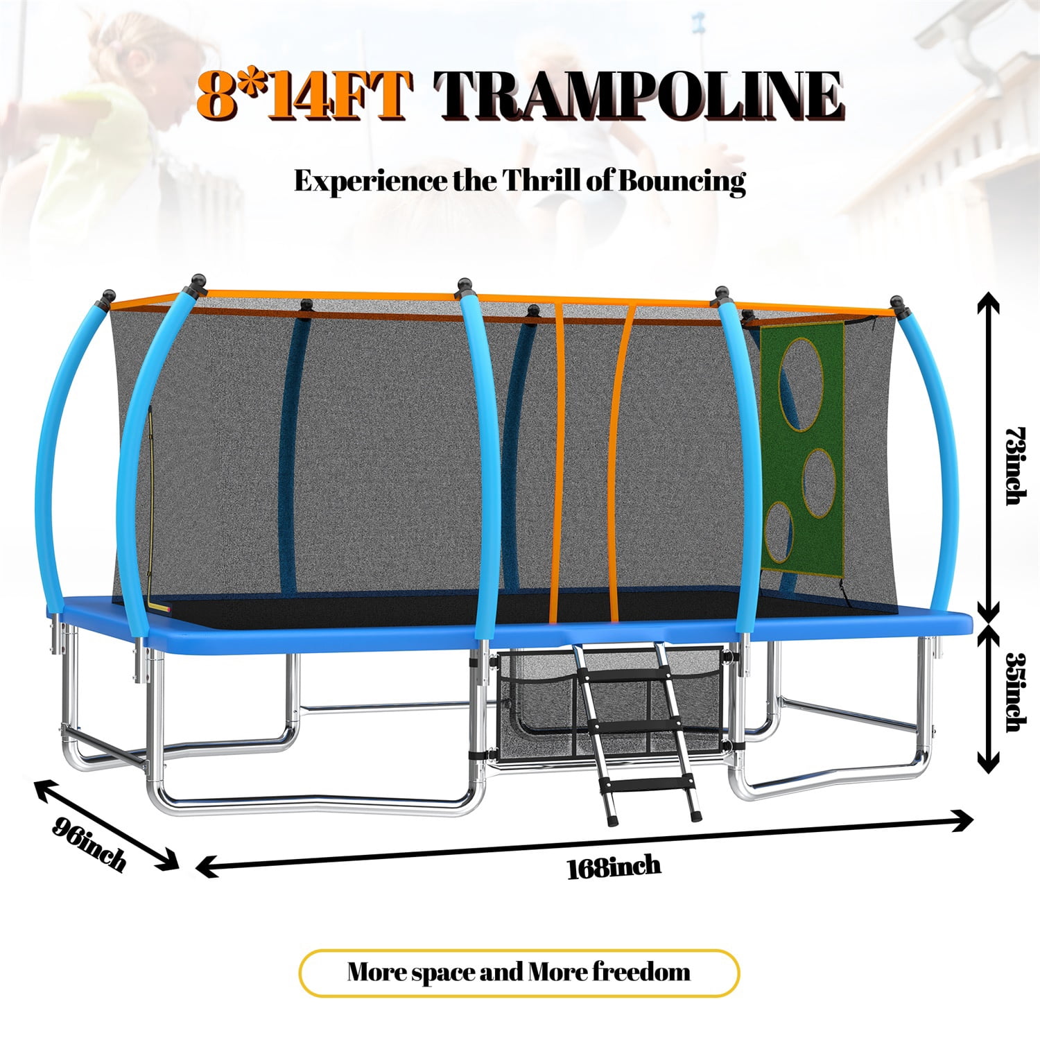 Hommoo 8x14FT Outdoor Square Trampolines with Basketball Hoop and Ladder, Long Rectangular Tumbling Trampoline, Blue