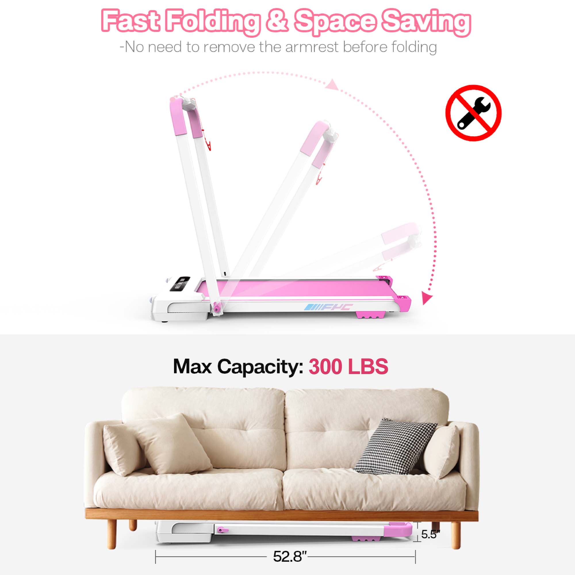 Aukfa 3.5 HP Under Desk Treadmill, Walking Pad 2 in 1 Folding Treadmill for Home Office Workout, 300lb Capacity, Pink