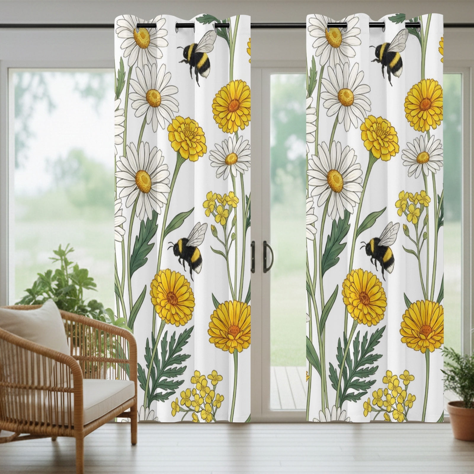 Summer Daisy Outdoor Curtains for Patio, White Yellow Flower Bee Pastoral Floral Leaves Sunshade Privacy Drapes Grommet Waterproof Outside Curtains for Porch/Cabana/Balcony 54"x 108", 1 Panel