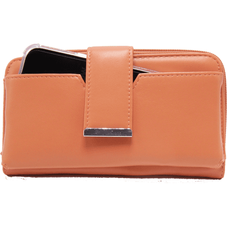 Ladies Faux Leather Mundi Vegan Wallet ID Photos Cards Cel Phone Wristlet Women Clutch Orange Caramel AIM250
