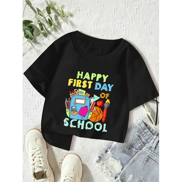 Girls' First Day of Graphic T-Shirt -Casual Summer Top with School Supplies Design, Round Neck Short Sleeve Tee for Back to School outfits, School Clothes, Comfortable Knit Fabric, Breathable Materia