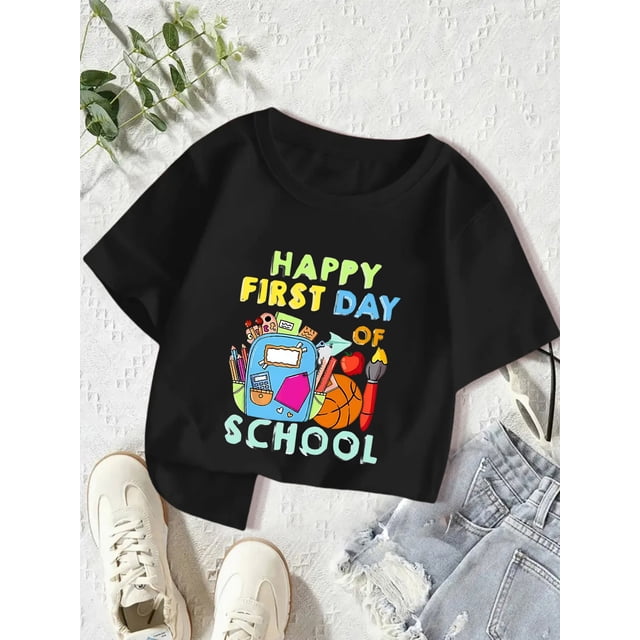 Girls' First Day of Graphic T-Shirt -Casual Summer Top with School Supplies Design, Round Neck Short Sleeve Tee for Back to School outfits, School Clothes, Comfortable Knit Fabric, Breathable Materia
