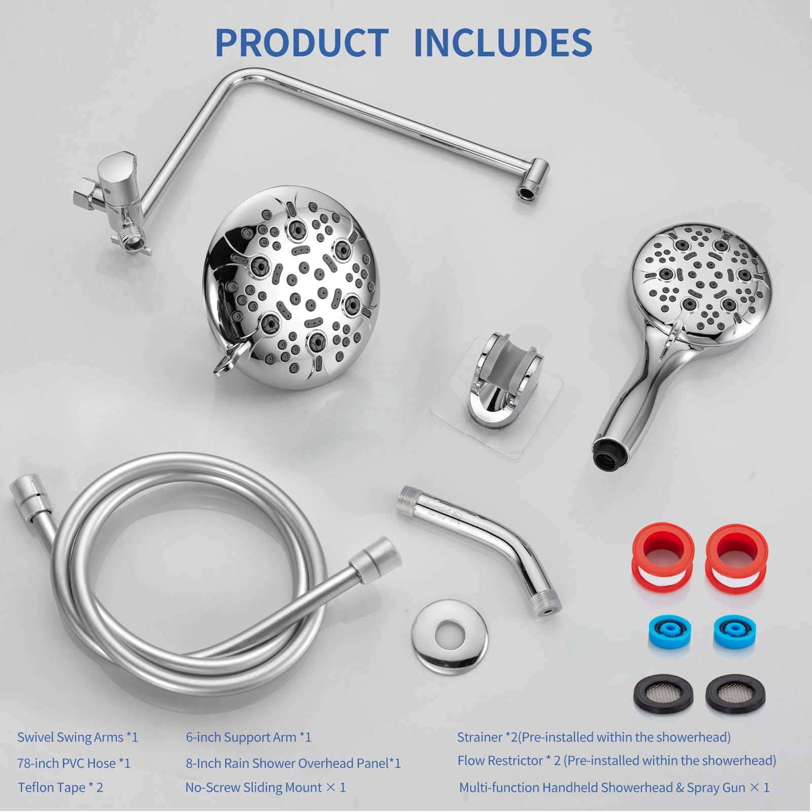 Joyrain Multi-angle adjustable showerhead& Handheld High-pressure 8 Spray Modes Shower Head, Rain Shower Combination with 90° Adjustable Extension Arm