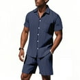 thumbnail image 2 of Timoontee 2 Piece Cotton Linen Sets for Men Lightweight Summer Beach Vacation Sets Casual Tracksuit Short Sleeve Collared Button Down Shirts with Drawstring Shorts Navy M, 2 of 9