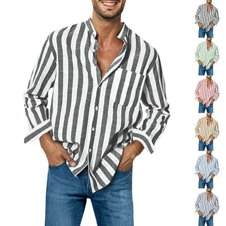Sookity Long Sleeve Shirts for Men Casual Big and Tall Button Down Shirts Mens V Neck Collared Shirts Tops Mens Striped Print Basic Tee Shirts Men Shirts Casual Black,L
