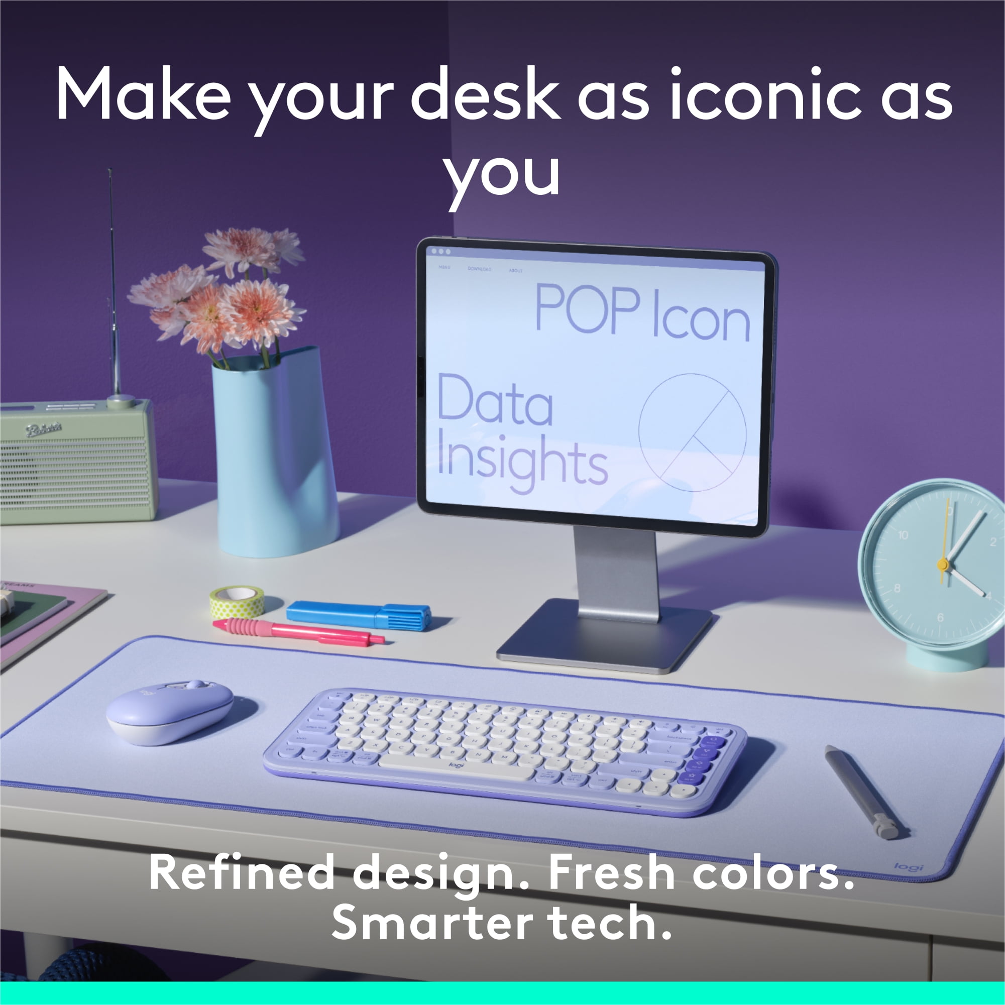 Logitech POP ICON KEYS Wireless Bluetooth Keyboard, Comfortable Typing, Programmable Keys, Lilac and Off-White