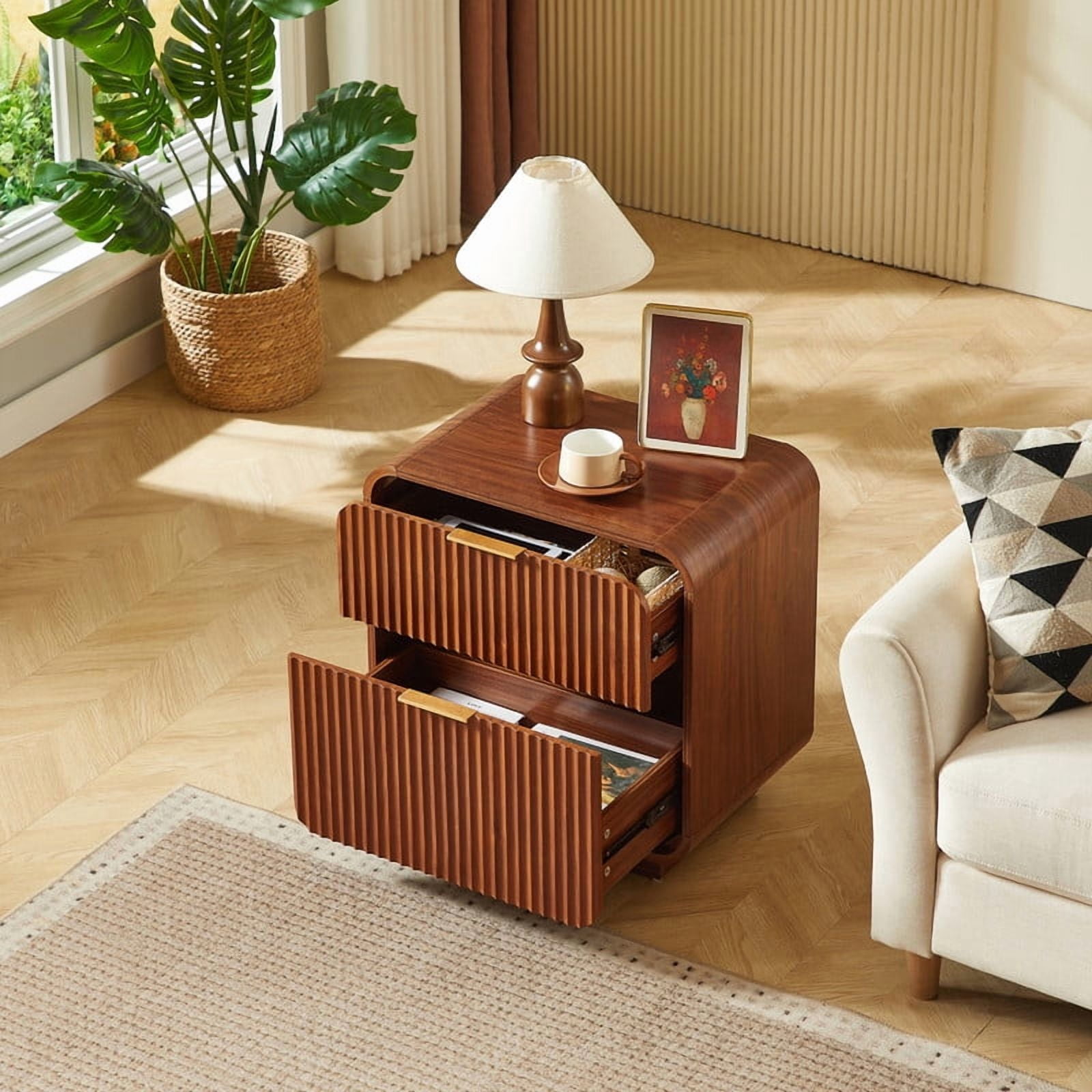 1PCS Modern Wavy Fluted-Design Nightstand Table with 2 Drawers, Curved Versatile Bedside Small Storage Cabinet