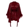 thumbnail image 4 of GZMOALH Women's Satin 3 Piece Pajama Set with Feather Trim Robe, Bralette Top and Matching Shorts, 4 of 9