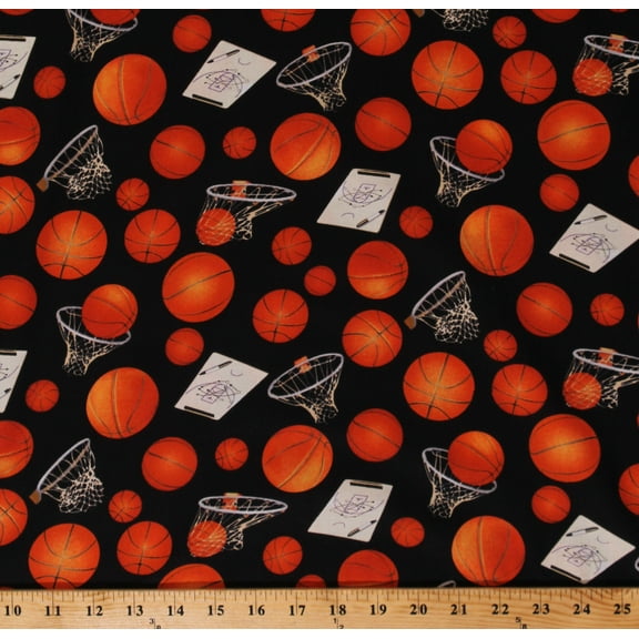 Cotton Packed Basketballs Balls Hoops Score Game Sports Orange Black Cotton Fabric Print by the Yard (132BLACK)