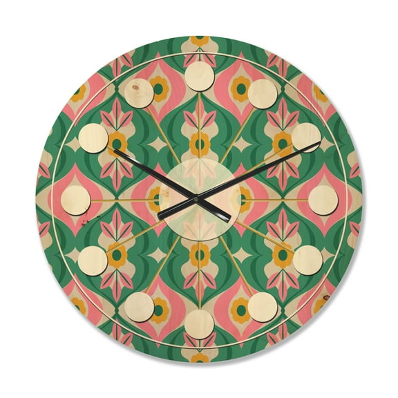 Designart 'Flowers and Leaves With Retro Pattern' Mid-Century Modern Wood Wall Clock