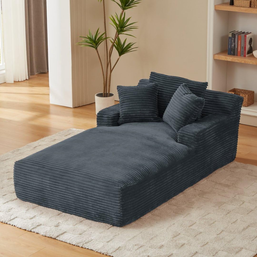AENKYO 80" Oversized Corduroy Chaise Lounge, Fully Assembled, No Assembly Required, Dark Gray