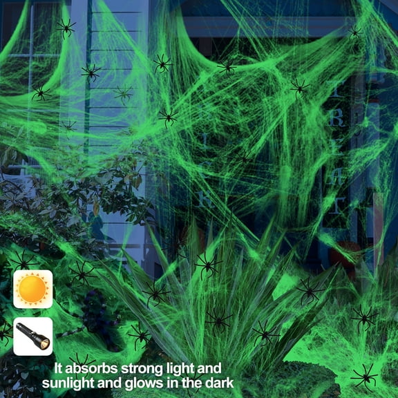 Glow in the Dark Spider Web Halloween Decoration with 100 fake spiders, Large Sized 1400 sq. ft, Horror Party Favor Haunted House Decor