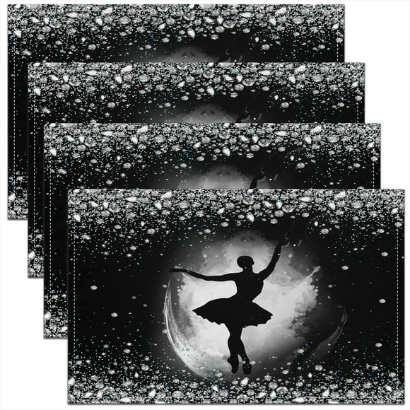 Erosebridal Ballet Dancer Placemats Set of 4, Sequin Print Table Mats for Dining Table Set of 4, Black Grey